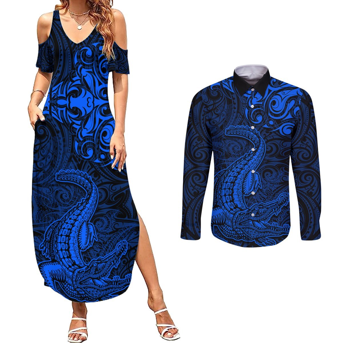 New Zealand Crocodile Tattoo and Fern Couples Matching Summer Maxi Dress and Long Sleeve Button Shirt Maori Pattern Blue Color LT03 Blue - Polynesian Pride