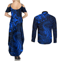 New Zealand Crocodile Tattoo and Fern Couples Matching Summer Maxi Dress and Long Sleeve Button Shirt Maori Pattern Blue Color