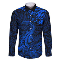New Zealand Crocodile Tattoo and Fern Family Matching Long Sleeve Bodycon Dress and Hawaiian Shirt Maori Pattern Blue Color