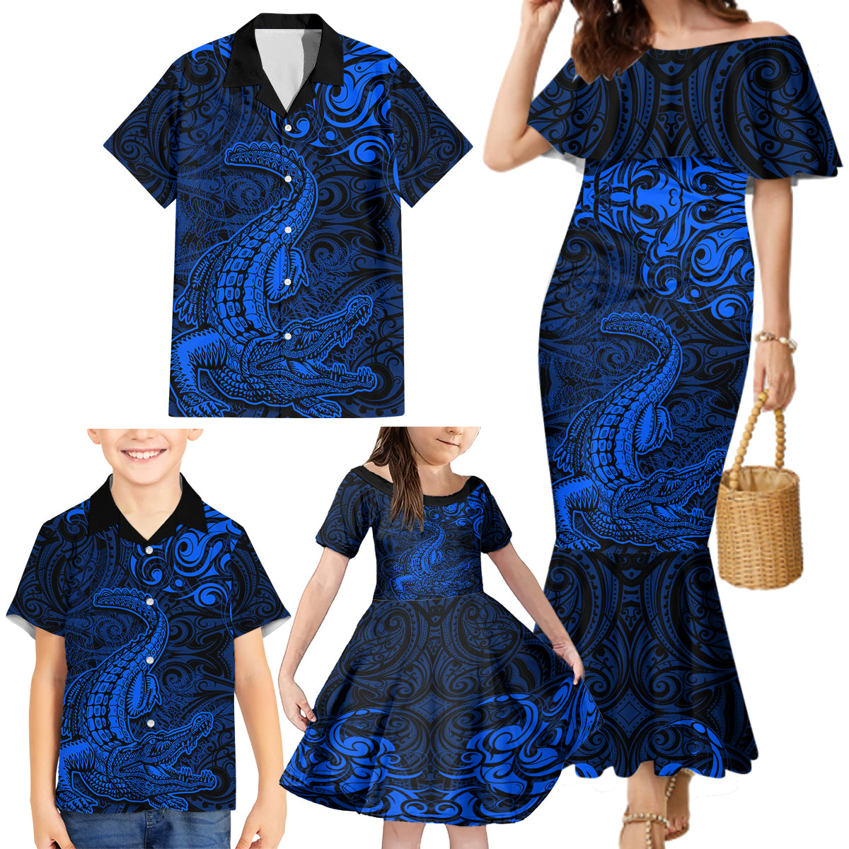 New Zealand Crocodile Tattoo and Fern Family Matching Mermaid Dress and Hawaiian Shirt Maori Pattern Blue Color