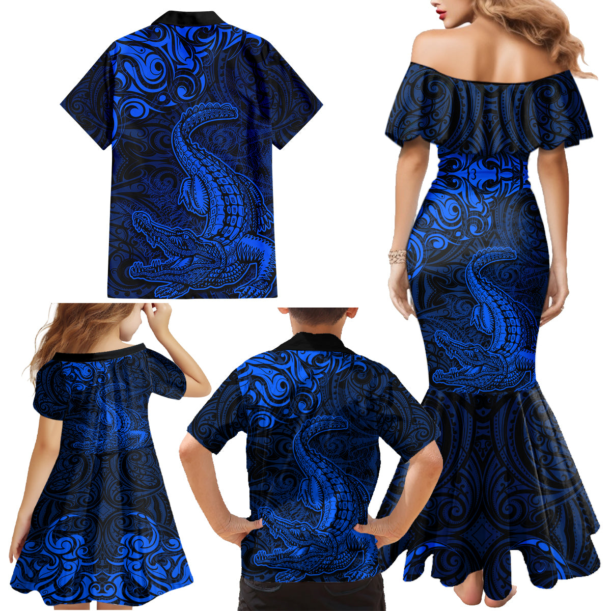 New Zealand Crocodile Tattoo and Fern Family Matching Mermaid Dress and Hawaiian Shirt Maori Pattern Blue Color