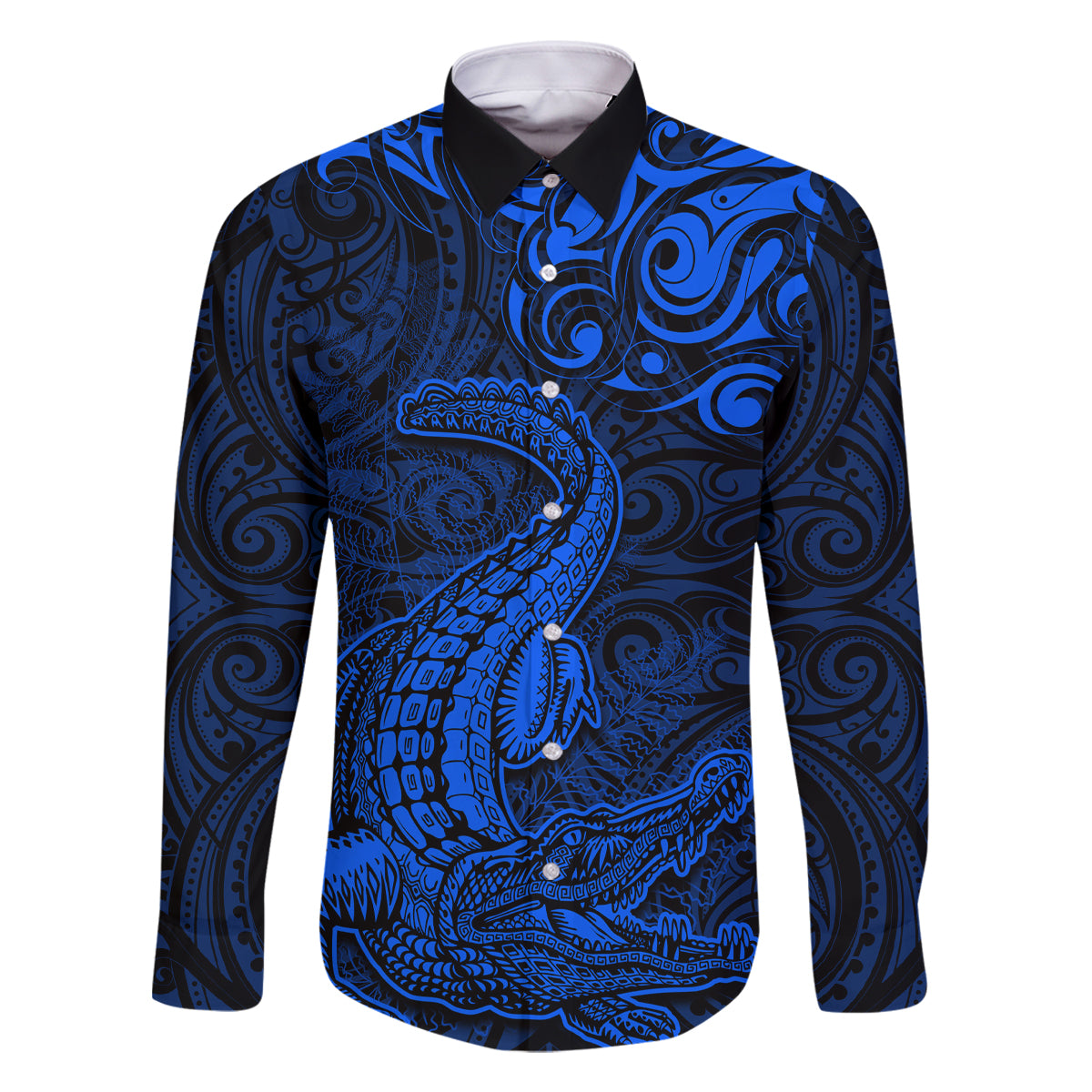 New Zealand Crocodile Tattoo and Fern Family Matching Off The Shoulder Long Sleeve Dress and Hawaiian Shirt Maori Pattern Blue Color