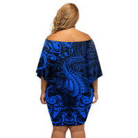 New Zealand Crocodile Tattoo and Fern Family Matching Off Shoulder Short Dress and Hawaiian Shirt Maori Pattern Blue Color