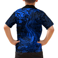 New Zealand Crocodile Tattoo and Fern Family Matching Short Sleeve Bodycon Dress and Hawaiian Shirt Maori Pattern Blue Color