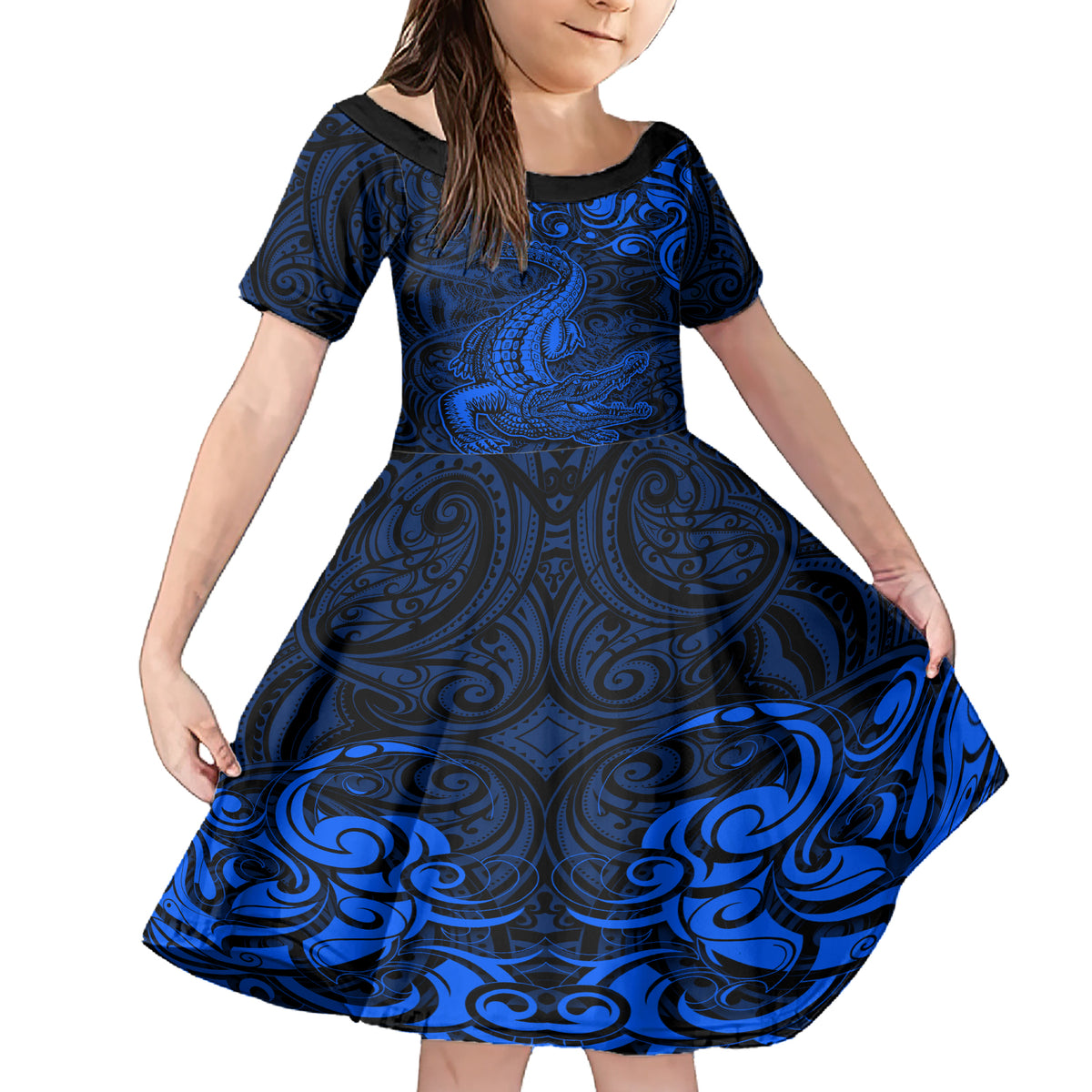 New Zealand Crocodile Tattoo and Fern Family Matching Short Sleeve Bodycon Dress and Hawaiian Shirt Maori Pattern Blue Color