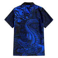 New Zealand Crocodile Tattoo and Fern Family Matching Short Sleeve Bodycon Dress and Hawaiian Shirt Maori Pattern Blue Color