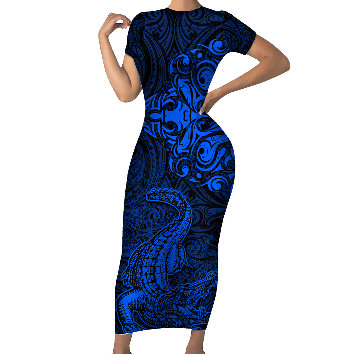 New Zealand Crocodile Tattoo and Fern Family Matching Short Sleeve Bodycon Dress and Hawaiian Shirt Maori Pattern Blue Color