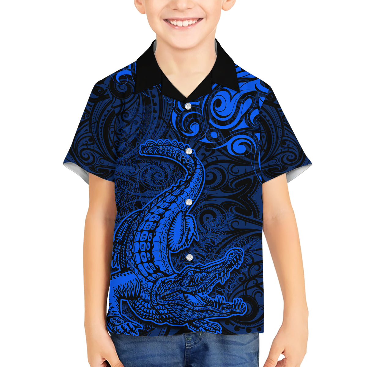 New Zealand Crocodile Tattoo and Fern Family Matching Short Sleeve Bodycon Dress and Hawaiian Shirt Maori Pattern Blue Color