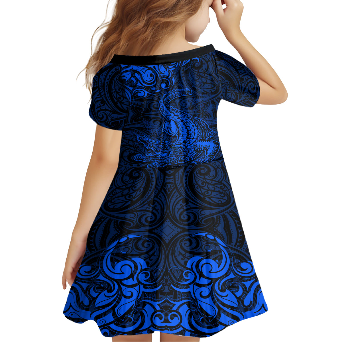 New Zealand Crocodile Tattoo and Fern Family Matching Tank Maxi Dress and Hawaiian Shirt Maori Pattern Blue Color