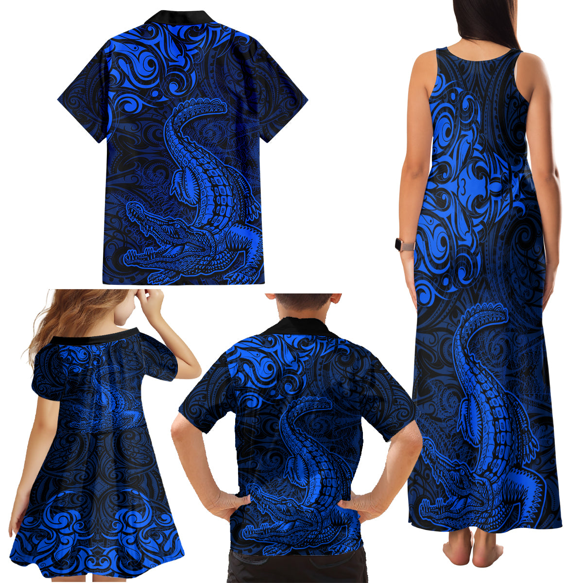 New Zealand Crocodile Tattoo and Fern Family Matching Tank Maxi Dress and Hawaiian Shirt Maori Pattern Blue Color