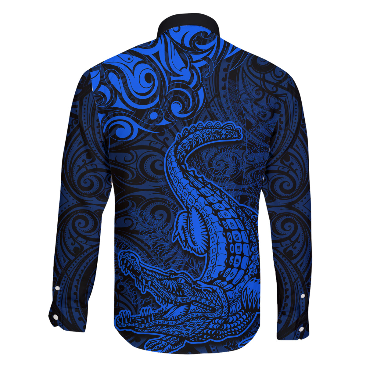 New Zealand Crocodile Tattoo and Fern Family Matching Tank Maxi Dress and Hawaiian Shirt Maori Pattern Blue Color