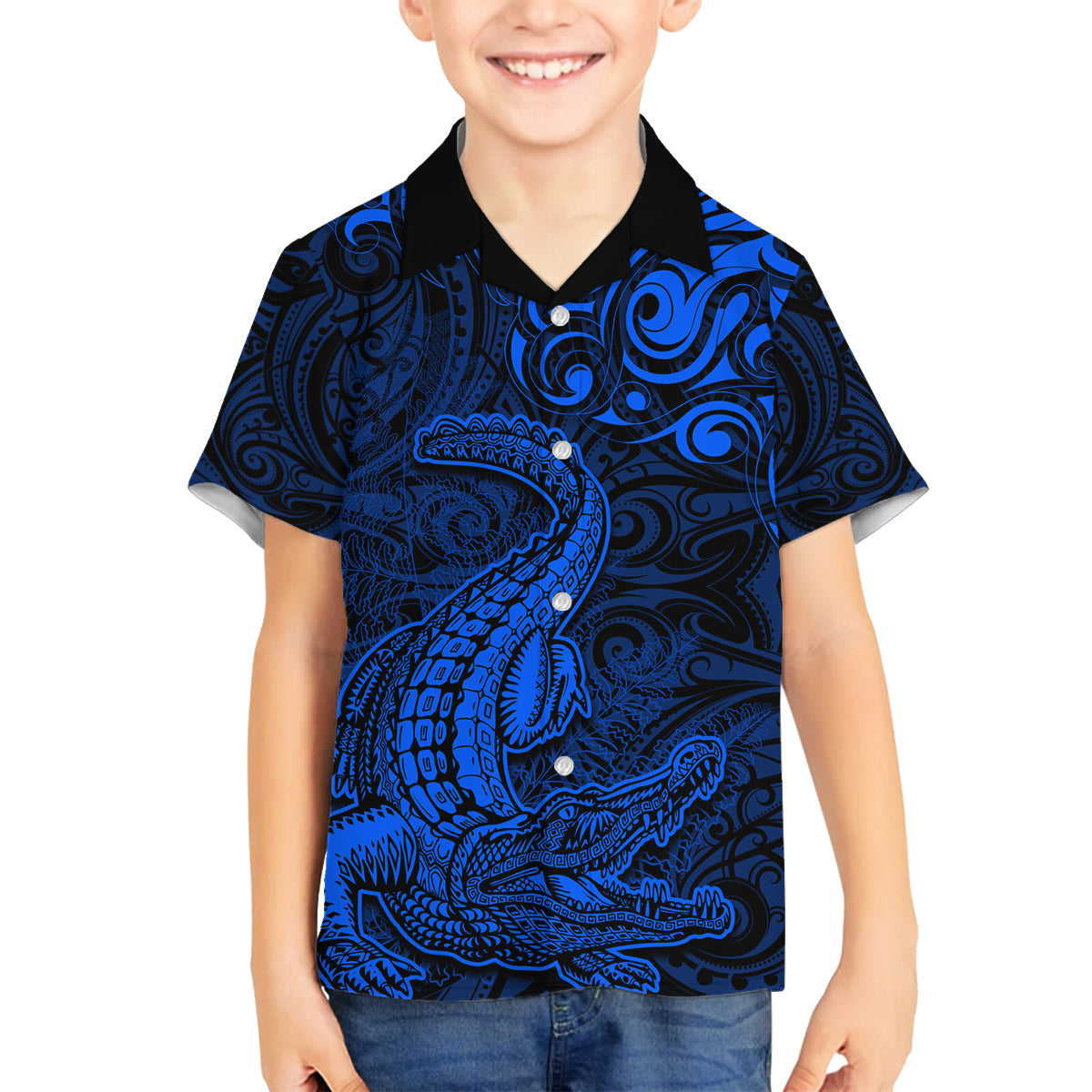 New Zealand Crocodile Tattoo and Fern Family Matching Tank Maxi Dress and Hawaiian Shirt Maori Pattern Blue Color
