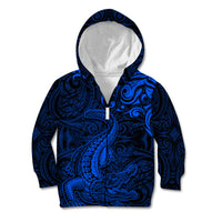 New Zealand Crocodile Tattoo and Fern Kid Hoodie Maori Pattern Blue Color