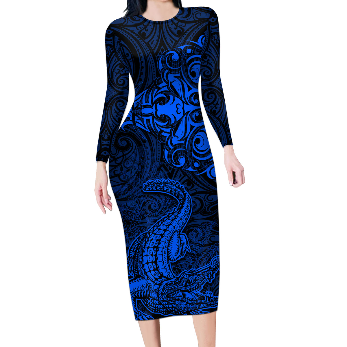New Zealand Crocodile Tattoo and Fern Long Sleeve Bodycon Dress Maori Pattern Blue Color