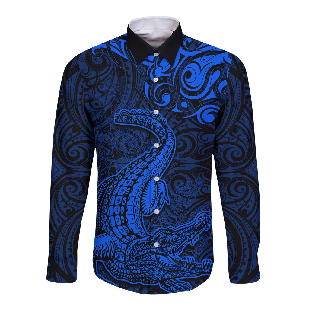 New Zealand Crocodile Tattoo and Fern Long Sleeve Button Shirt Maori Pattern Blue Color LT03 Unisex Blue - Polynesian Pride
