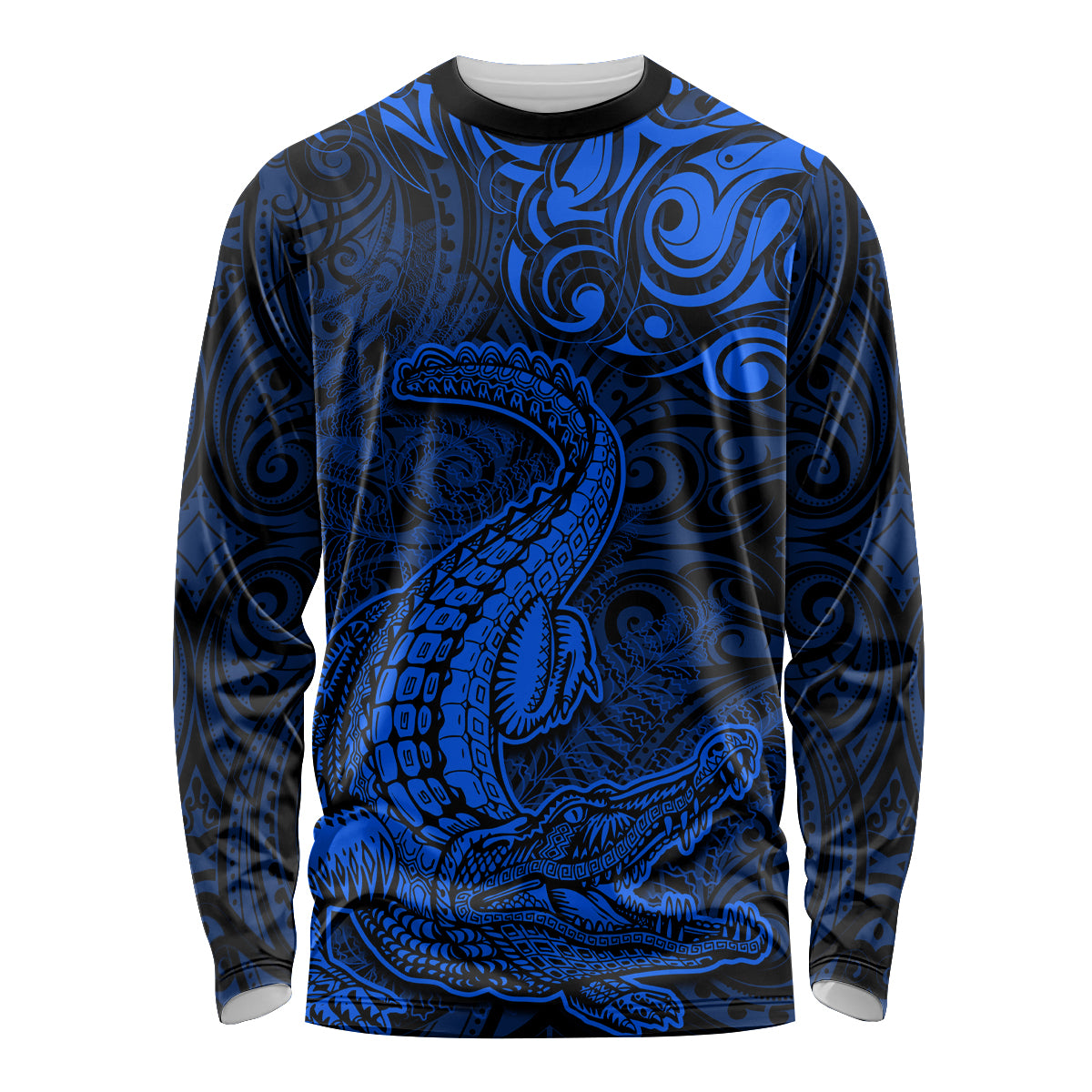 New Zealand Crocodile Tattoo and Fern Long Sleeve Shirt Maori Pattern Blue Color