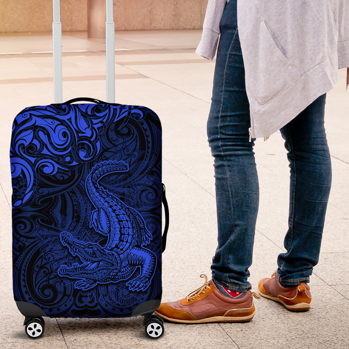 New Zealand Crocodile Tattoo and Fern Luggage Cover Maori Pattern Blue Color