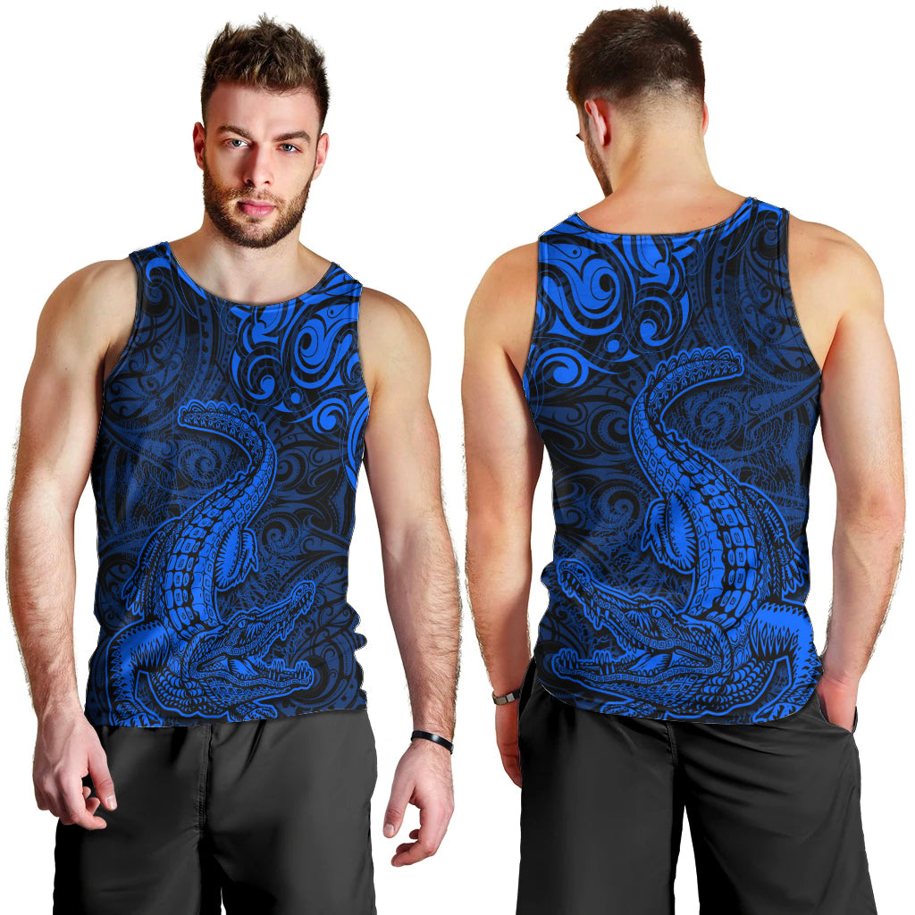 New Zealand Crocodile Tattoo and Fern Men Tank Top Maori Pattern Blue Color