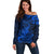 New Zealand Crocodile Tattoo and Fern Off Shoulder Sweater Maori Pattern Blue Color