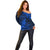 New Zealand Crocodile Tattoo and Fern Off Shoulder Sweater Maori Pattern Blue Color