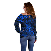 New Zealand Crocodile Tattoo and Fern Off Shoulder Sweater Maori Pattern Blue Color