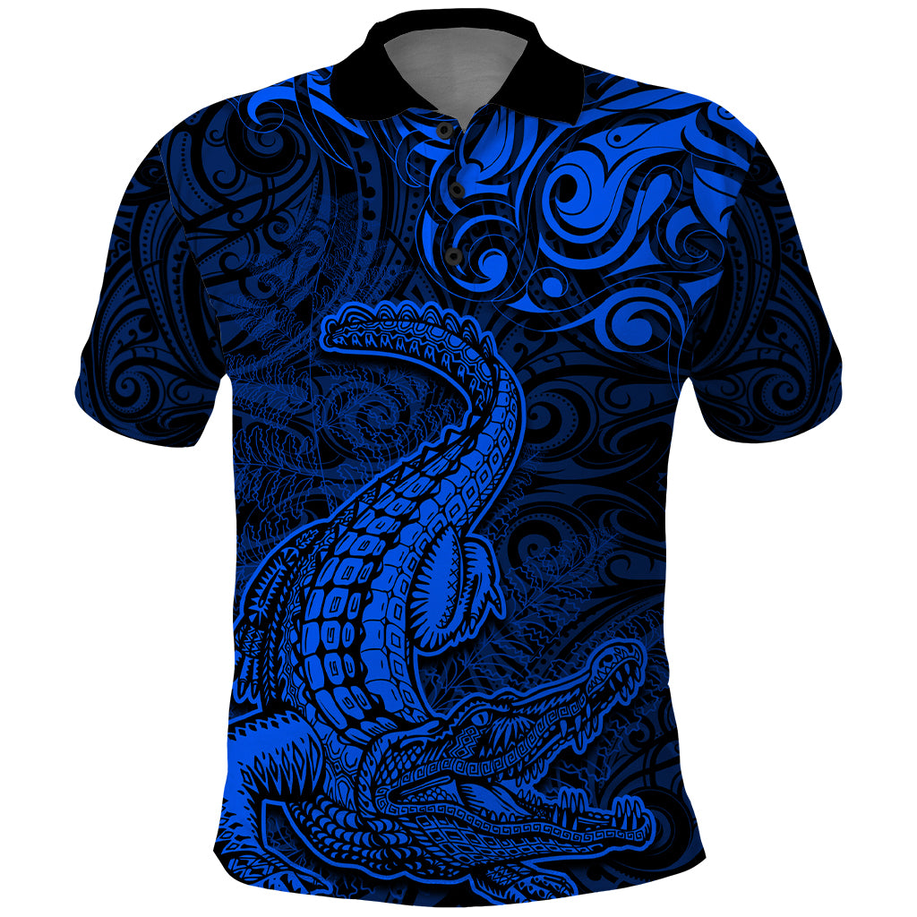 New Zealand Crocodile Tattoo and Fern Polo Shirt Maori Pattern Blue Color