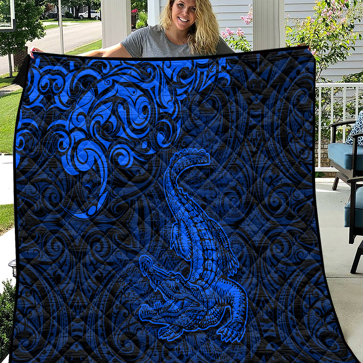 New Zealand Crocodile Tattoo and Fern Quilt Maori Pattern Blue Color LT03 Blue - Polynesian Pride