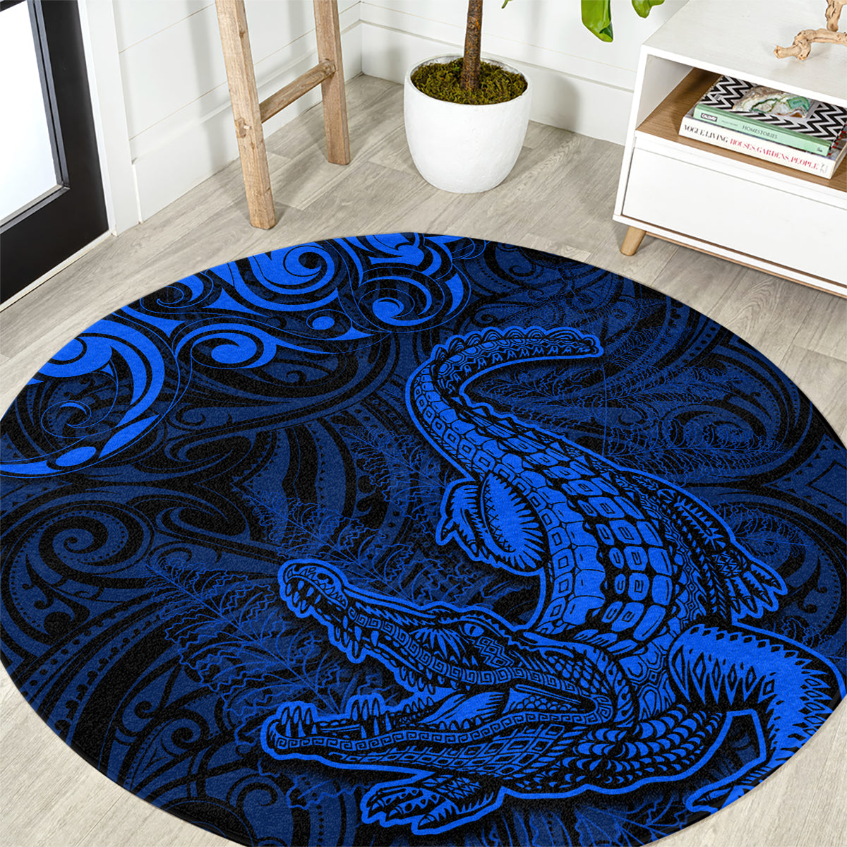 New Zealand Crocodile Tattoo and Fern Round Carpet Maori Pattern Blue Color