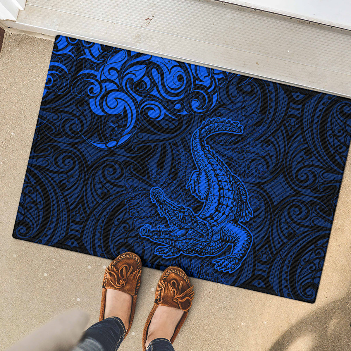 New Zealand Crocodile Tattoo and Fern Rubber Doormat Maori Pattern Blue Color
