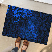 New Zealand Crocodile Tattoo and Fern Rubber Doormat Maori Pattern Blue Color