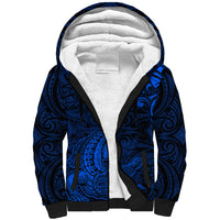 New Zealand Crocodile Tattoo and Fern Sherpa Hoodie Maori Pattern Blue Color