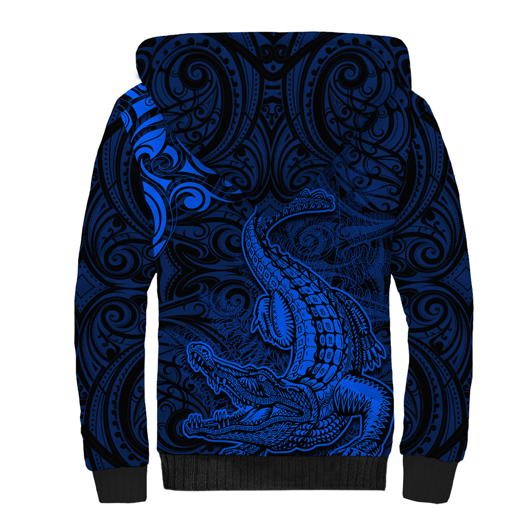 New Zealand Crocodile Tattoo and Fern Sherpa Hoodie Maori Pattern Blue Color