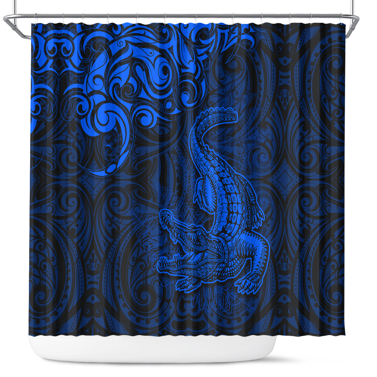 New Zealand Crocodile Tattoo and Fern Shower Curtain Maori Pattern Blue Color