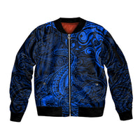 New Zealand Crocodile Tattoo and Fern Sleeve Zip Bomber Jacket Maori Pattern Blue Color