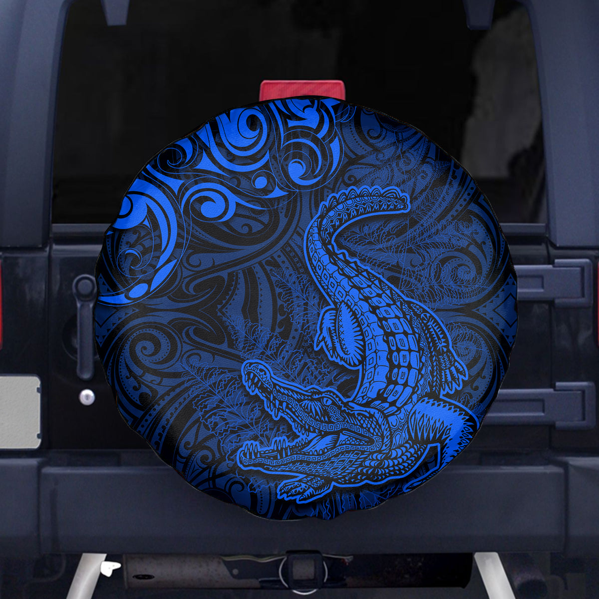 New Zealand Crocodile Tattoo and Fern Spare Tire Cover Maori Pattern Blue Color