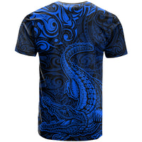 New Zealand Crocodile Tattoo and Fern T Shirt Maori Pattern Blue Color