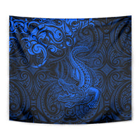 New Zealand Crocodile Tattoo and Fern Tapestry Maori Pattern Blue Color