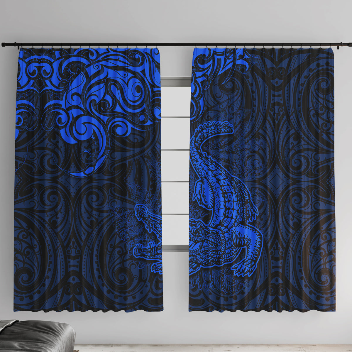New Zealand Crocodile Tattoo and Fern Window Curtain Maori Pattern Blue Color LT03 With Hooks Blue - Polynesian Pride