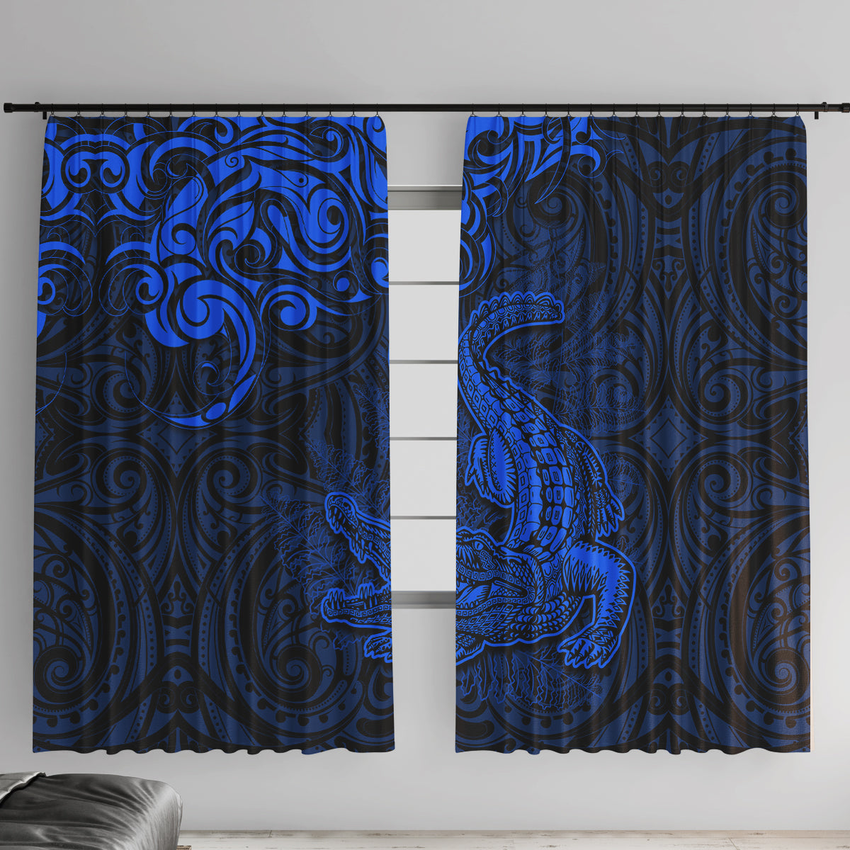 New Zealand Crocodile Tattoo and Fern Window Curtain Maori Pattern Blue Color