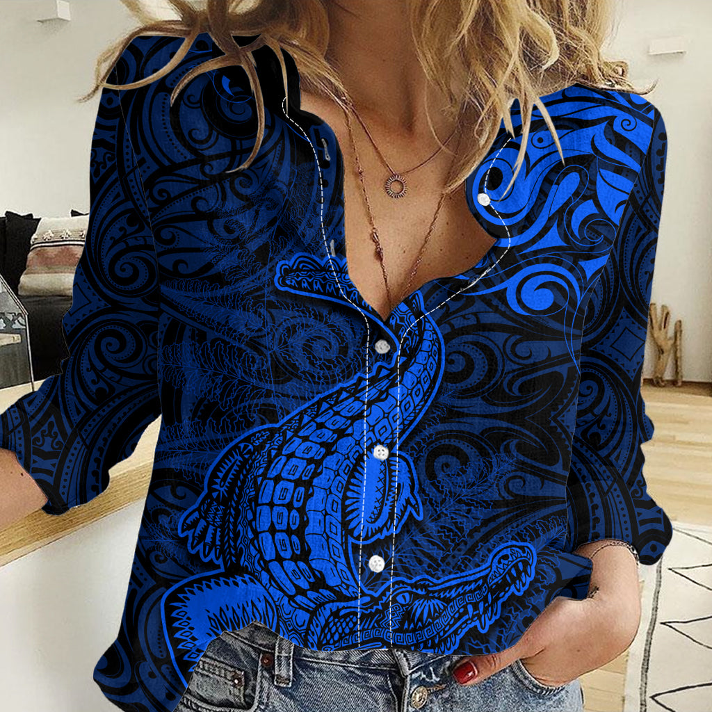 New Zealand Crocodile Tattoo and Fern Women Casual Shirt Maori Pattern Blue Color
