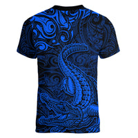 New Zealand Crocodile Tattoo and Fern Women V-Neck T-Shirt Maori Pattern Blue Color