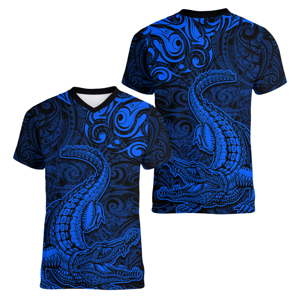 New Zealand Crocodile Tattoo and Fern Women V-Neck T-Shirt Maori Pattern Blue Color