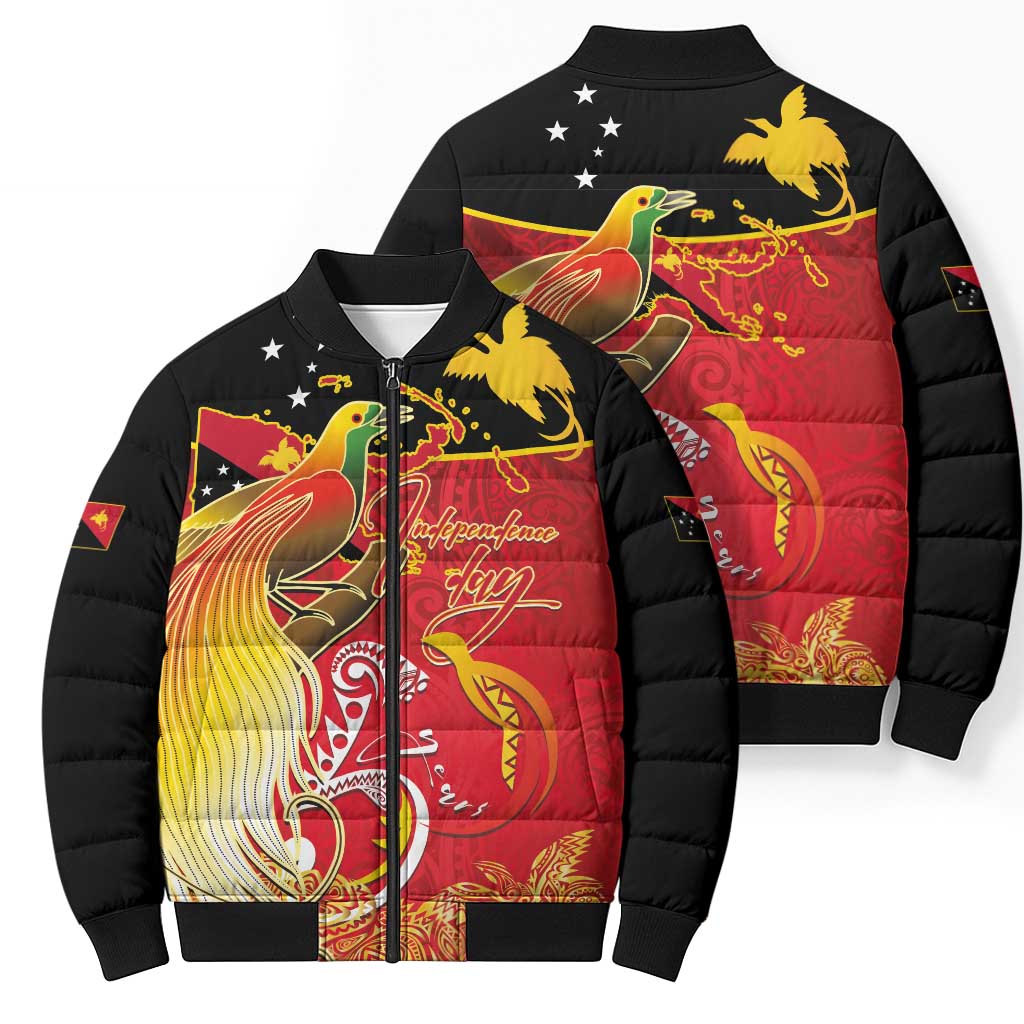 Papua New Guinea Independence Day Bomber Puffer Jacket Happy Anniversary 50th Bird-of-paradise Melanesian Tattoos - Polynesian Pride