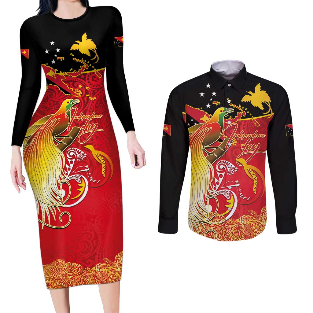 Papua New Guinea Independence Day Couples Matching Long Sleeve Bodycon Dress and Long Sleeve Button Shirt Happy Anniversary 50th Bird-of-paradise Melanesian Tattoos - Polynesian Pride