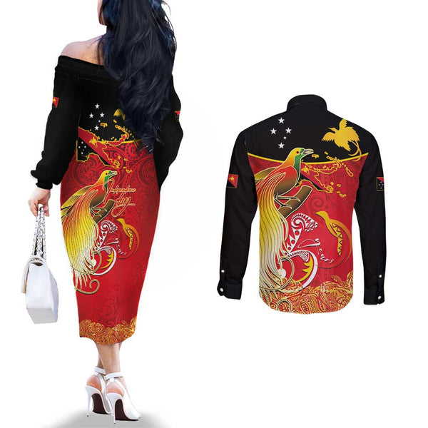 Personalised PNG Couples Matching Off Shoulder Short Dress and Long Sleeve Button Shirts Papua Motuan Mirror Style LT7