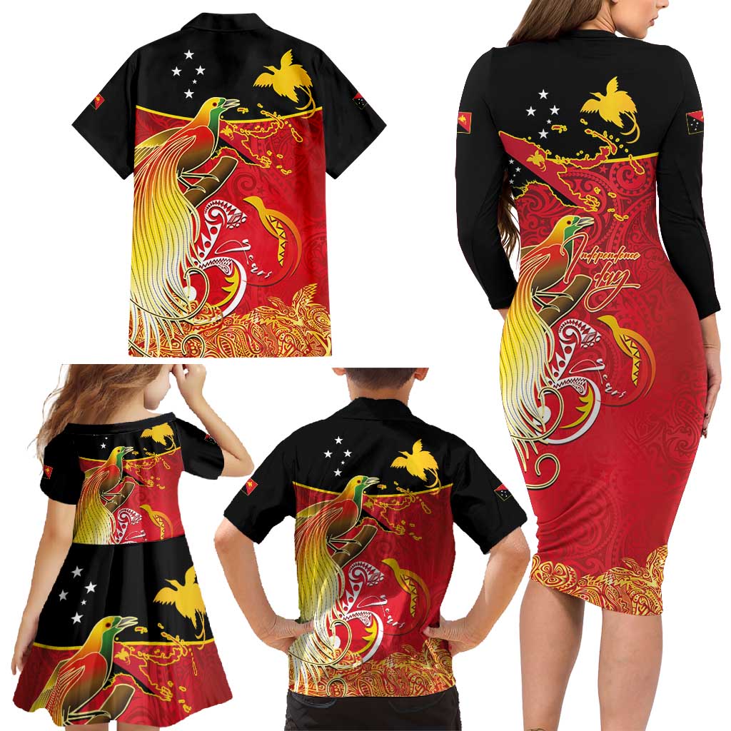 Papua New Guinea Independence Day Family Matching Long Sleeve Bodycon Dress and Hawaiian Shirt Happy Anniversary 50th Bird-of-paradise Melanesian Tattoos - Polynesian Pride