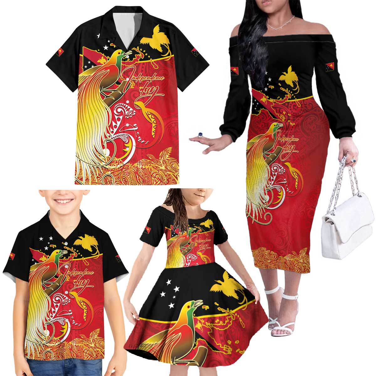 Papua New Guinea Independence Day Family Matching Off The Shoulder Long Sleeve Dress and Hawaiian Shirt Happy Anniversary 50th Bird-of-paradise Melanesian Tattoos - Polynesian Pride
