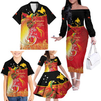 Papua New Guinea Independence Day Family Matching Off The Shoulder Long Sleeve Dress and Hawaiian Shirt Happy Anniversary 50th Bird-of-paradise Melanesian Tattoos - Polynesian Pride