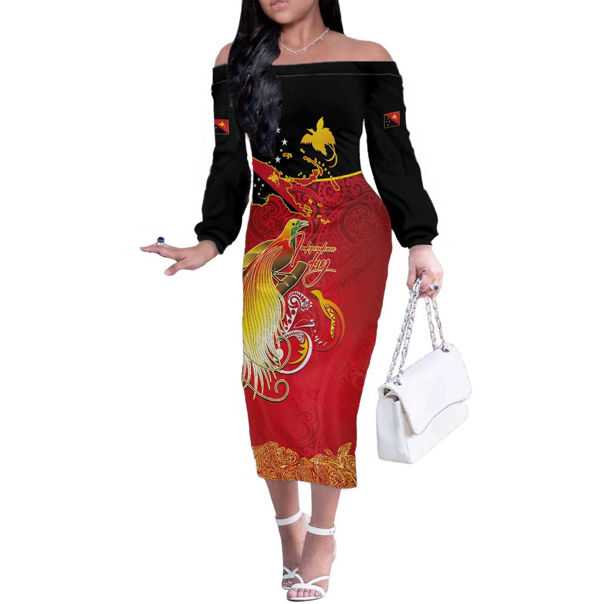 Papua New Guinea Independence Day Family Matching Off The Shoulder Long Sleeve Dress and Hawaiian Shirt Happy Anniversary 50th Bird-of-paradise Melanesian Tattoos - Polynesian Pride