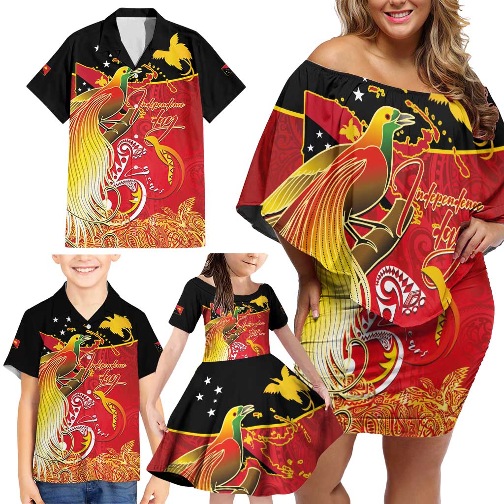 Papua New Guinea Independence Day Family Matching Off Shoulder Short Dress and Hawaiian Shirt Happy Anniversary 50th Bird-of-paradise Melanesian Tattoos - Polynesian Pride